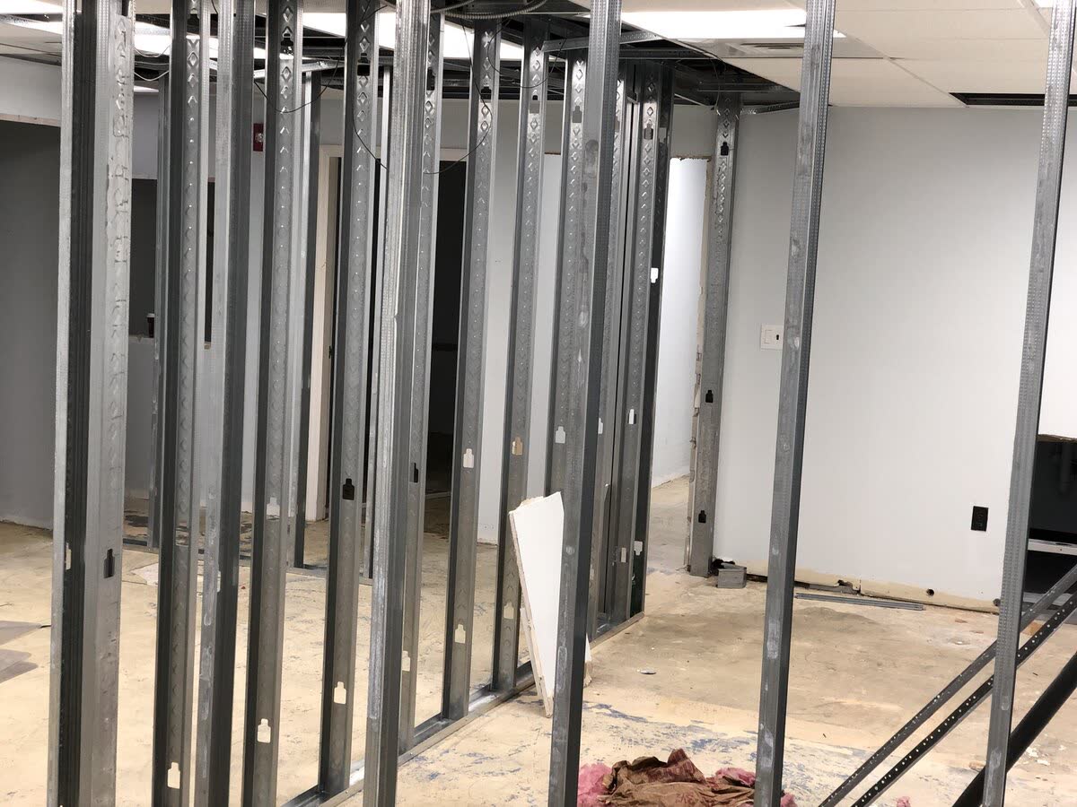Metal stud partitions inside a commercial interior